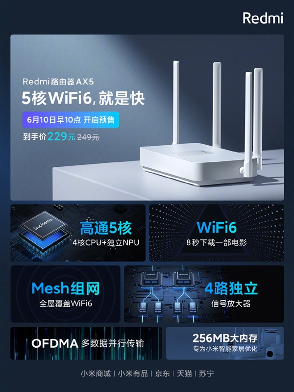 Redmi路由器AX5开启预售：到手价229元 送三个月网游加速会员